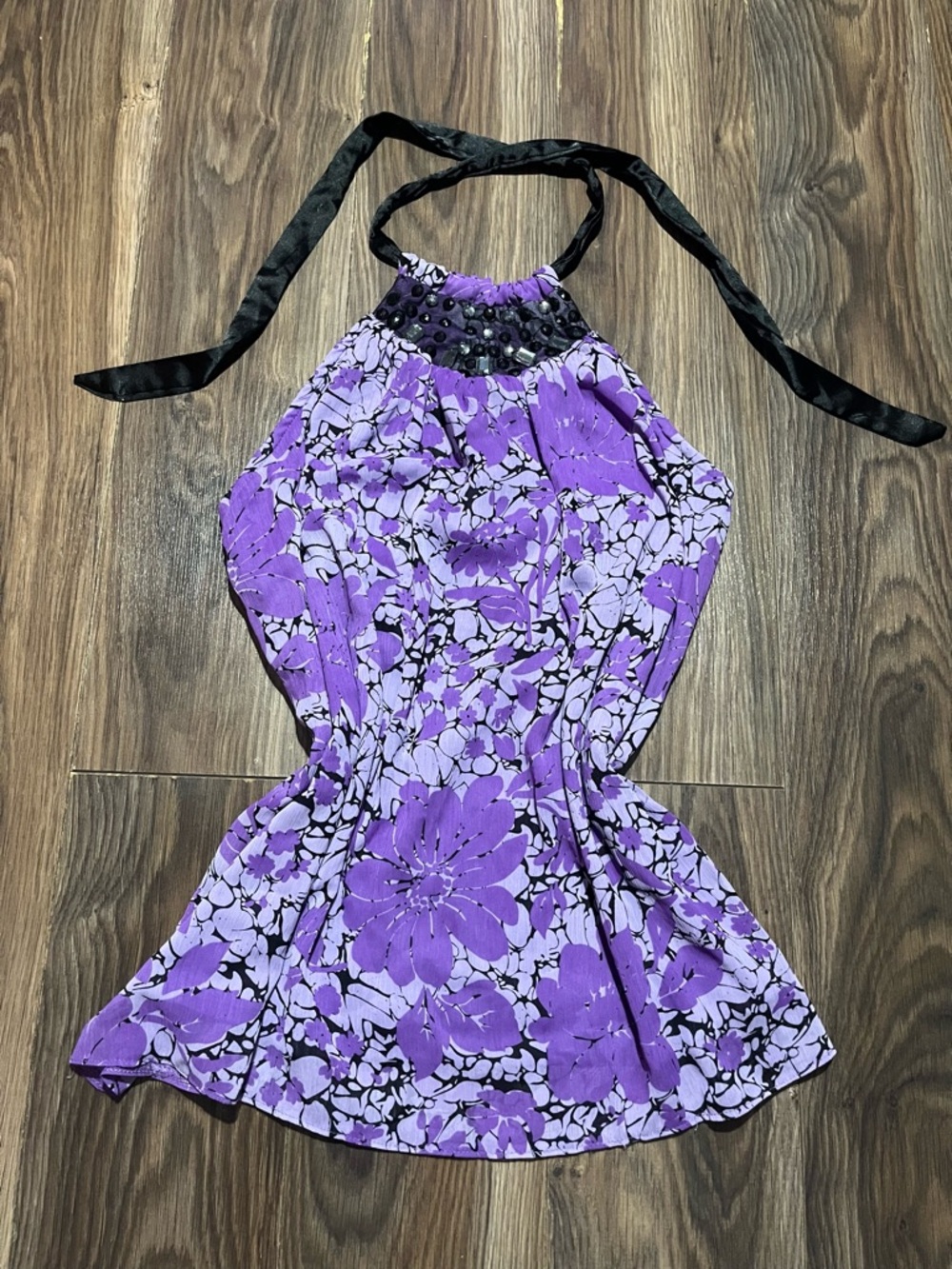 Purple Floral Halter Top with Black Tie Neck